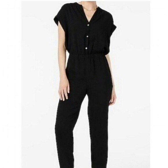 Women’s Utility Jumpsuit Women M Black Linen Blend Tie Waist Dressy Boho Coastal - Picture 1 of 13